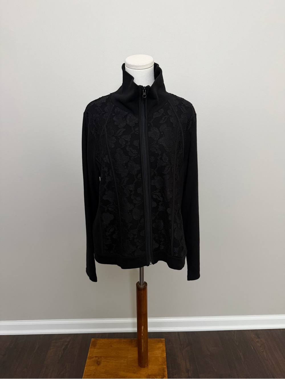 Laura Ashley Jacket Full Zip Lace Knit Stretch Mid Weight Pockets Travel Black